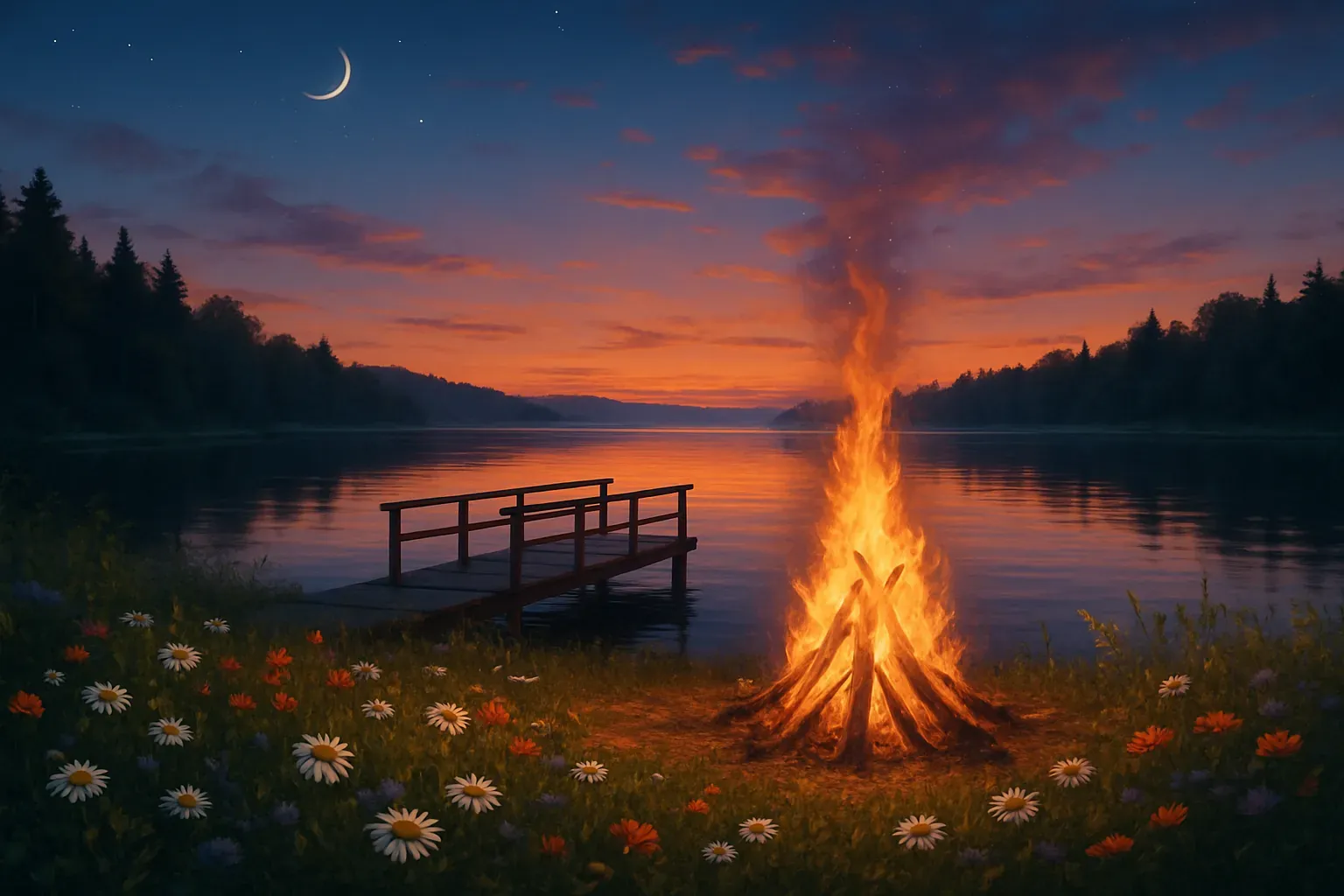Kokko hämärässä järven rannalla