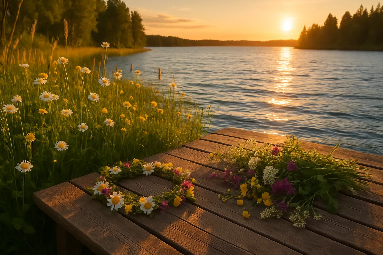 Juhannusjärvi, laituri ja heinäniitty valkeassa yössä